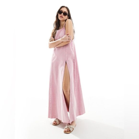 NWT ASOS Monki Denim Cami Maxi Dress with Front Slit Pink – Size Medium - Picture 1 of 6